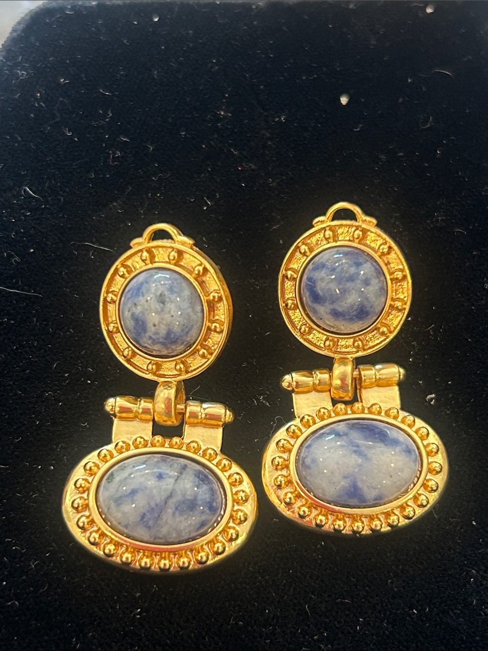 Designer Stamped Matte Gold Blue Stone Drop Earrings-NWT